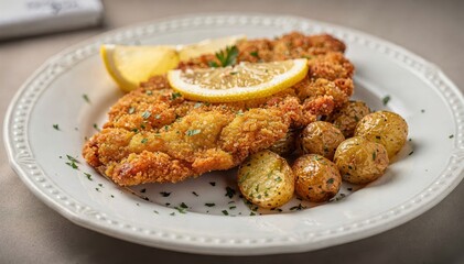 Crispy Fried Chicken with Lemon and Potatoes