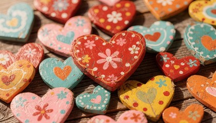 Colorful Wooden Hearts on Rustic Wood