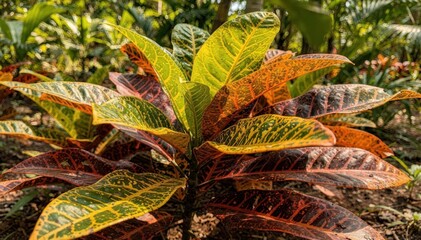 Vibrant Croton Leaves in Sunlit Garden