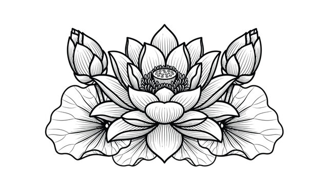 A detailed black and white illustration depicts a blossoming lotus flower with intricate line work showcasing its petals and leaves high quality professional modern elegant stylish