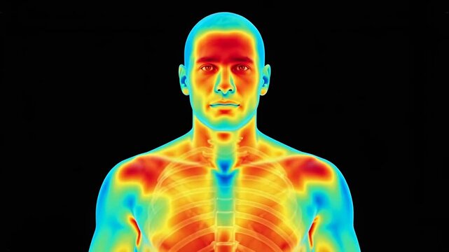 Thermal Imaging Scan of Male Human Body Showing Heat Map and Anatomy