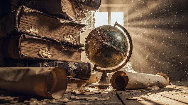 Vintage Globe and Books with Sunlight.