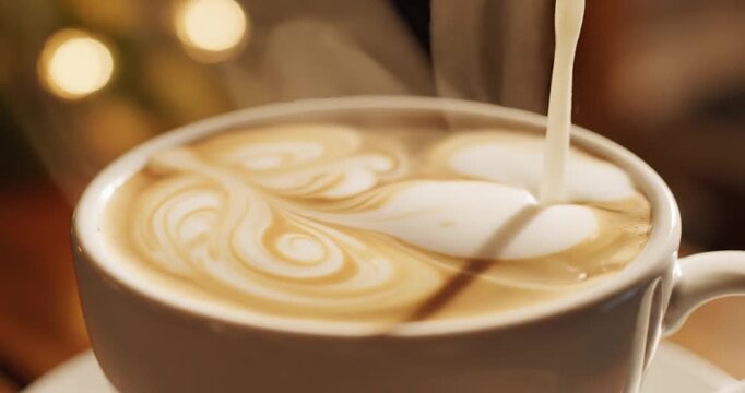 Steaming latte art coffee cup.