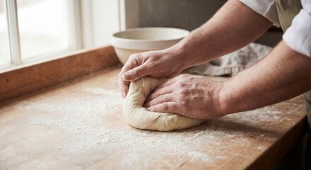 Fototapeta premium Close up of baker hands kneading fresh dough on a wooden floured table with flour dust flying in the air by a window