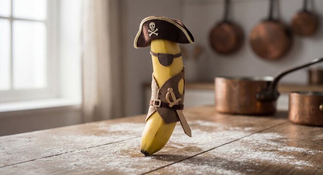 A creative and humorous concept of a banana dressed as a pirate with a tiny hat, eye patch, and wooden sword on a kitchen table