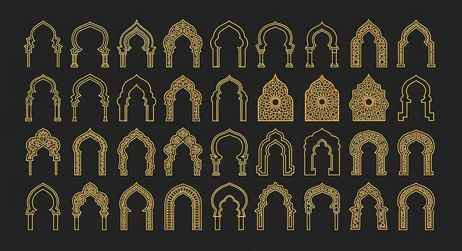 golden islamic arches moroccan patterns decorative vector set for ramadan eid and middle eastern graphic design.