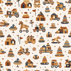 北欧風 小人と木のおもちゃのシームレスパターン｜ナチュラルカラーのキッズデザイン