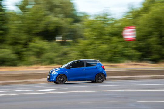 Ukraine, Kyiv - 29 Jule 2021: Blue Hyundai i30 car moving on the street.