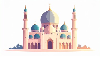 Elegant mosque illustration featuring a grand dome and graceful minarets, beautifully rendered in a serene cool blue and teal color palette, perfect for tranquil Islamic cultural or festive designs