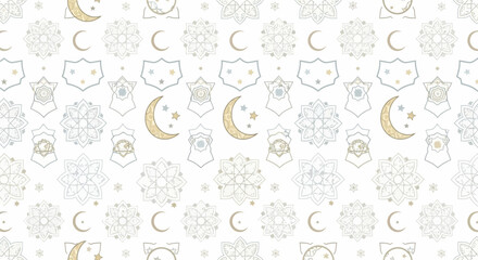 A seamless pattern design featuring gold and white illustrations of crescent moons, stars, lanterns, and flowers on a white background, perfect for Ramadan or traditional Islamic art with a © NanzZ