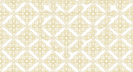A traditional, modern gold and white geometric pattern design with intricate details on a flat background, ideal for Ramadan or cultural celebrations with a warm mood.