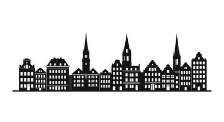 Fototapeta premium Silhouette of historical European cityscape featuring traditional gabled houses and tall church spires