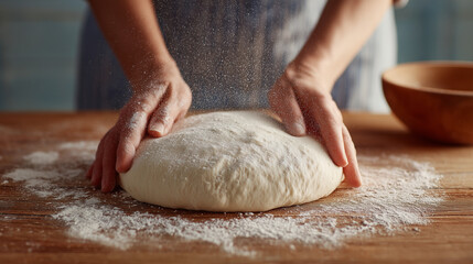 Obraz premium A close-up of hands kneading dough on a wooden countertop, showcasing the art of baking and homemade cooking.