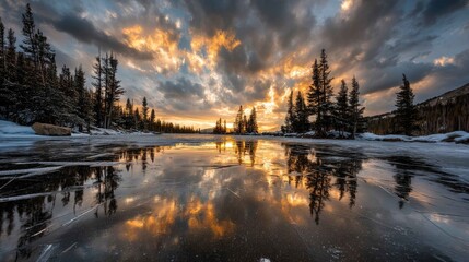 Obraz premium Stunning Sunset Over Frozen Lake with Reflections and Clouds