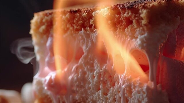 A piece of bread is toasting over an open flame, close-up view of the burning bread