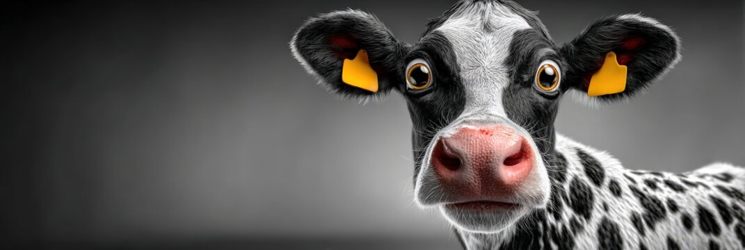 Funny Expressive Holstein Cow Portrait with Yellow Ear Tags Panorama
