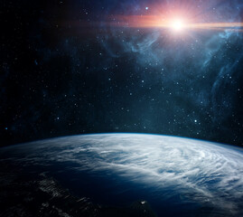 Panoramic view of the Earth, sun and stars. Planet Earth, view from space.  Elements of this image furnished by NASA.
