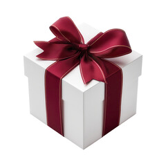 Obraz premium A charming white gift box adorned with a luxurious burgundy ribbon, perfect for various celebrations and special occasions.