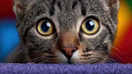 Close-up Portrait of a Curious Tabby Cat Peeking with Large Eyes