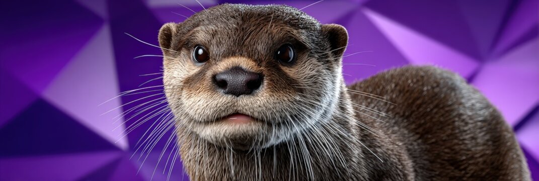 Portrait of a Cute Otter on a Purple Geometric Background