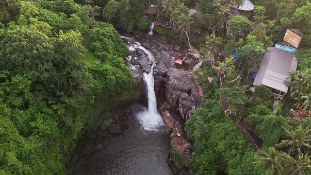 Drone footage showing Waterfall in Bali flowing into a jungle river, surrounded by dense tropical rainforest vegetation, rocky cliffs forest trees and natural landforms within a lush island setting