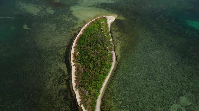 Diagonal aerial showing long white sand stretch, palm trees, and shallow turquoise water at Tondol Beach.