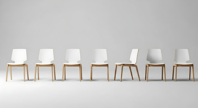 Row of white chairs with wooden legs in a minimalist setting.