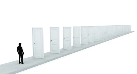Obraz premium Man standing in front of multiple white doors on a white floor.
