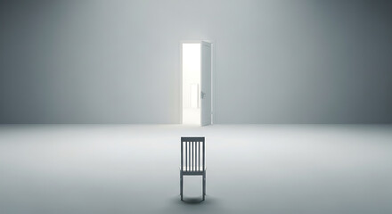Open door on a chair in a minimalist empty room with bright light.