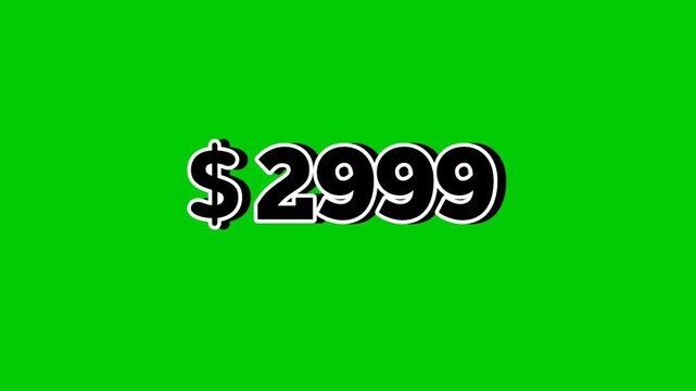Animation price tag $2,999 Dollars with smoke effects motion graphics on green screen background. Perfect for ads, e-commerce, retail, discounts, and promotion business concept video element