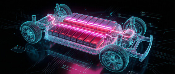Electric Car Battery: A vibrant illustration showcases an electric car's battery pack, emphasizing its advanced technology and sustainability. 