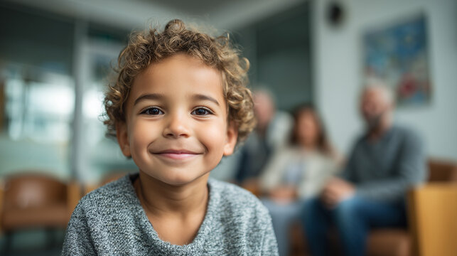 Smiling toddler with curly hair in modern clinic waiting room with family background
