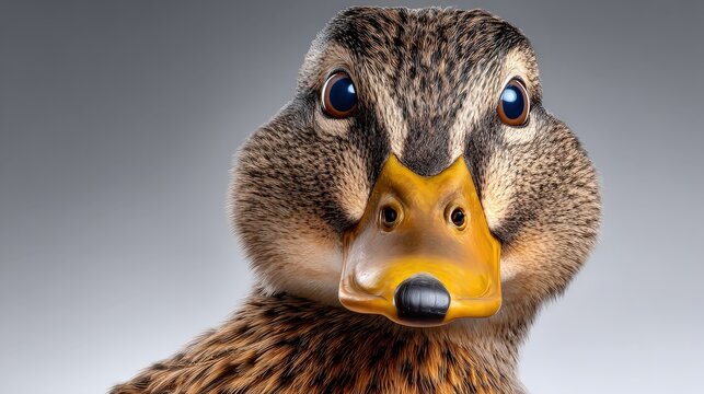 Close-up Portrait of a Mallard Duck Face with Detailed Feathers