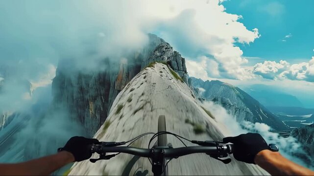 Mountain biking on a narrow path in the Dolomites with stunning views and challenging terrain in summer during a clear day