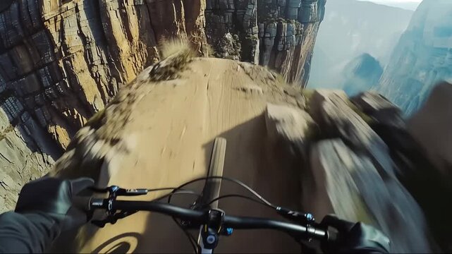 Mountain biking through a narrow path on steep cliffs in a canyon landscape