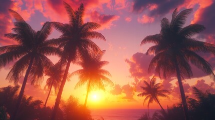 Obraz premium Beautiful tropical sunset over the ocean with palm trees, warm sky colors, and calm vibes, ideal for travel, vacation, and summer wallpapers.