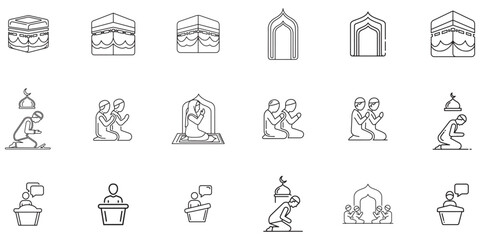 Islamic culture and prayer icons Kaaba, worship, and mosques for religious themes
