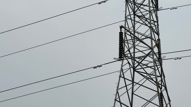 Close-up view of a porcelain insulator mounted on a steel lattice transmission tower, with parallel power lines crossing the frame against an overcast sky.
