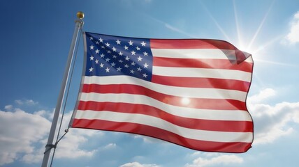 Fototapeta premium American Flag Waving Proudly Against a Sunny Blue Sky