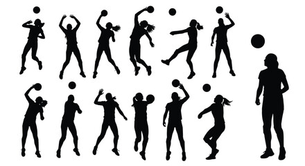 Fototapeta premium Collection of female volleyball player silhouettes demonstrating various actions like spiking setting and serving
