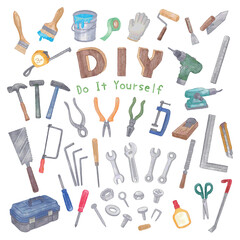 DIYツールイラストセット　手描き水彩画