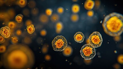 Suspended pollen formations displaying radial symmetry and intricate internal patterns. Elaborate pollen with internal designs showcased in dark field micrograph emphasizing fine details and symmetry