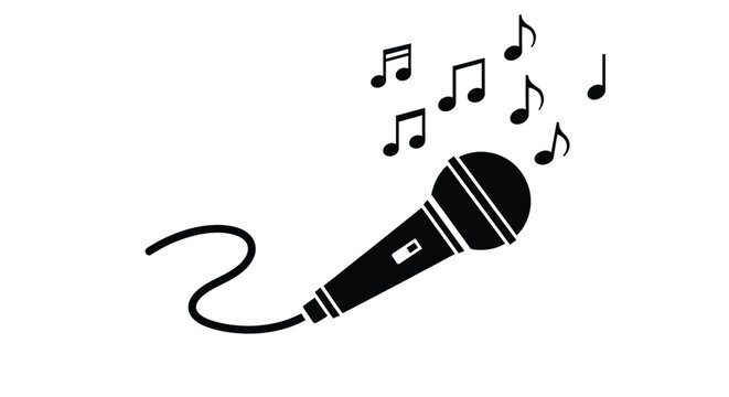 Simple black and white icon representing a wired microphone with floating musical notes