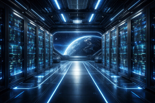 Orbital space data center in low Earth orbit above planet Earth
