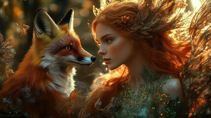 A mystical woman with pale skin and flowing red hair, wearing a luminous emerald gown, accompanied by an orange fox. Set in an enchanted forest bathed in warm golden light with a dreamy, cinematic atm