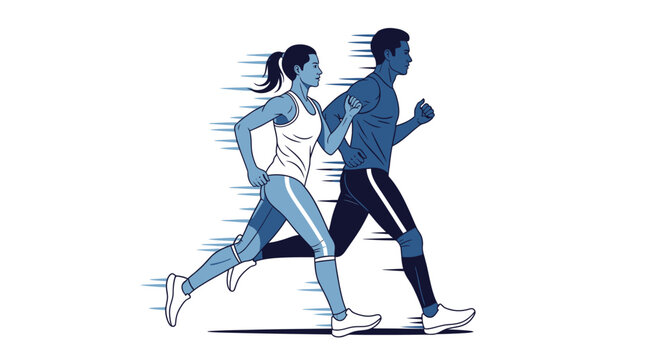 Athletic man and woman illustration jogging together showing speed and dynamic movement