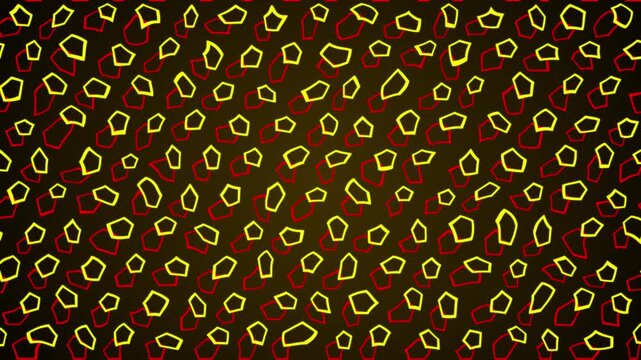 Moving stroked outlined pentagon polygon ring forms with geometric glows and flashes on dark gradient background visual effects abstract motion graphics and vivid neon lines colours red yellow