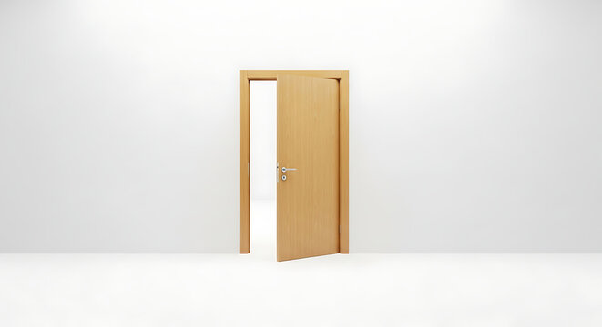 Slightly Open Wooden Door in Empty White Room.