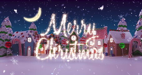 Image of Merry Christmas written in shiny letter on snowy city