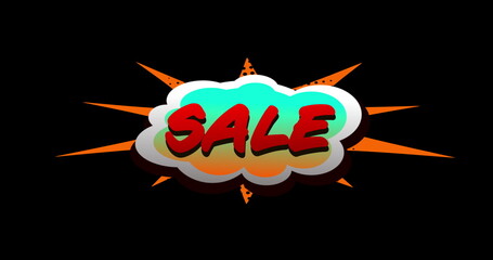 Sale text in cartoon style cloud above explosion